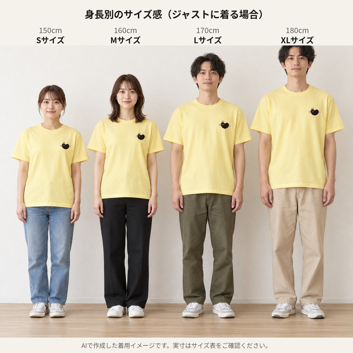 天使ハート「あのよん」ワンポイントTシャツ 身長別のサイズ感