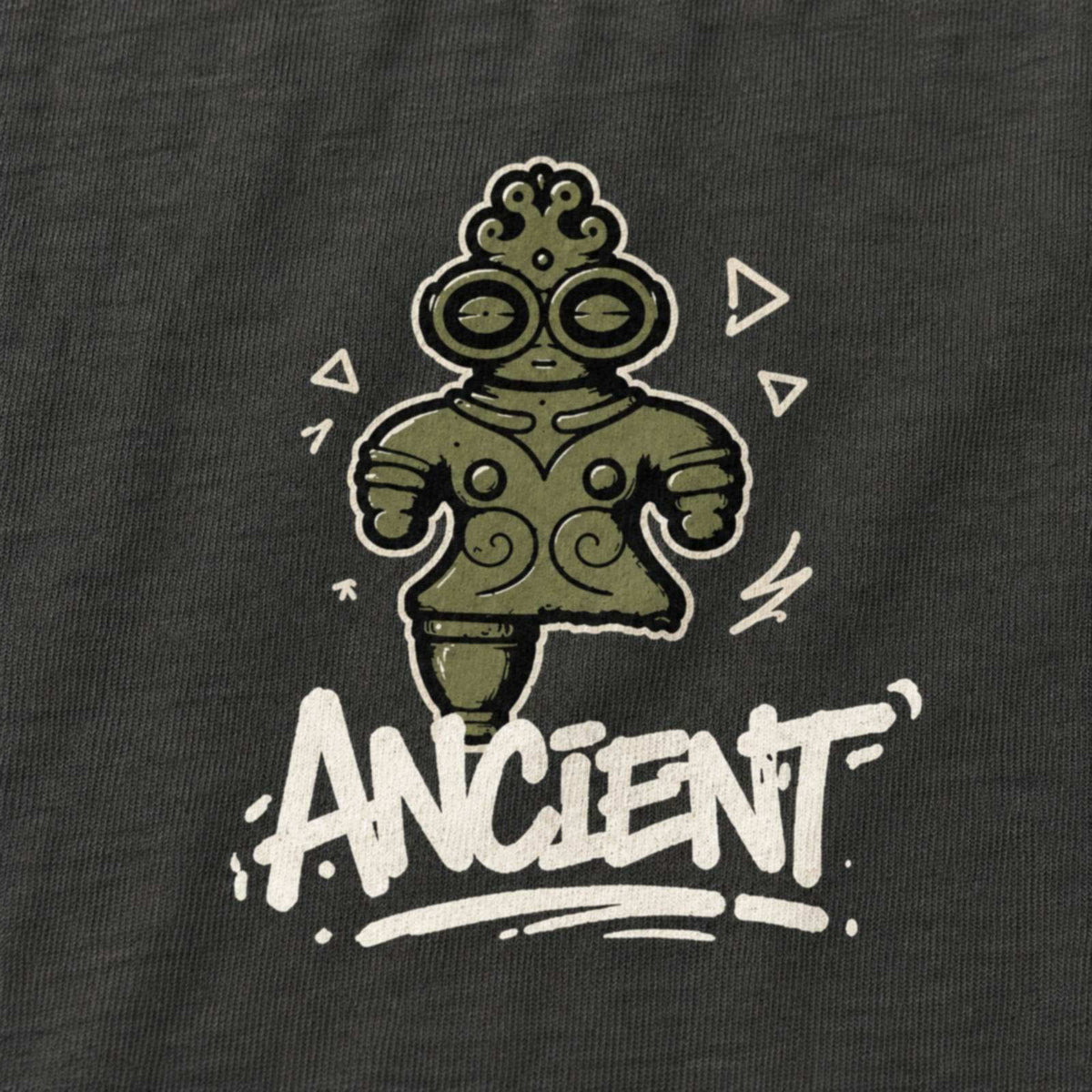 ANCIENT キッズTシャツ チャコール プリント接写・天竺生地の質感