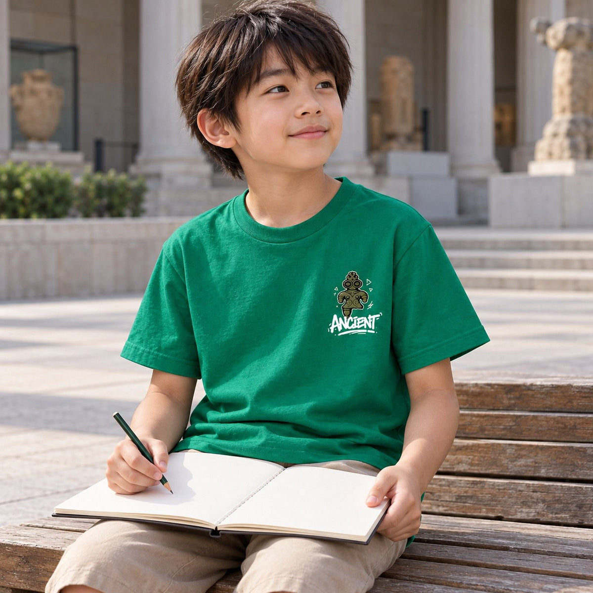 ANCIENT キッズTシャツ グリーン 子どもの日常（広場のベンチで休憩）
