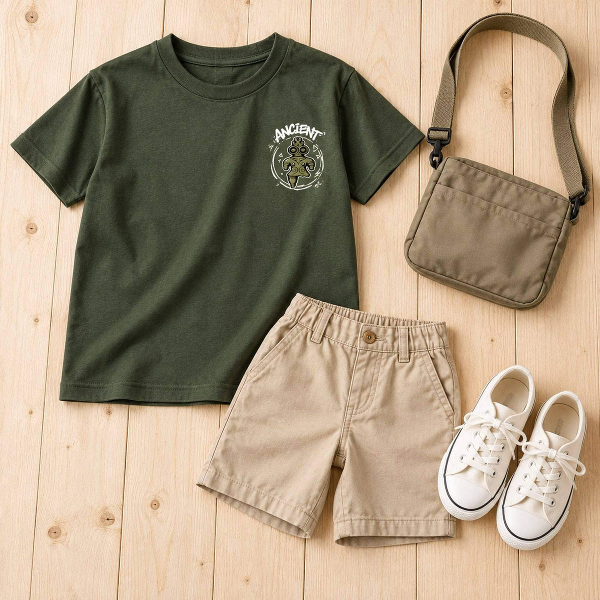 ANCIENT キッズTシャツ アーミーグリーン 平置きコーディネート