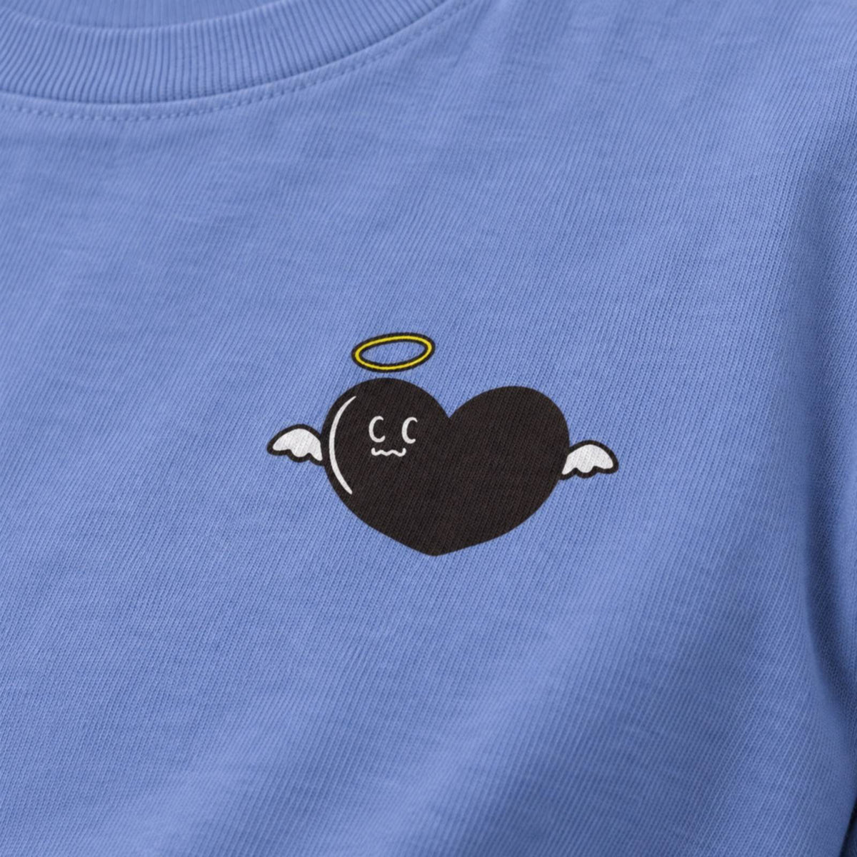 あのよん（天使ハート）袖リブ長袖Tシャツ ダスティブルー プリント接写