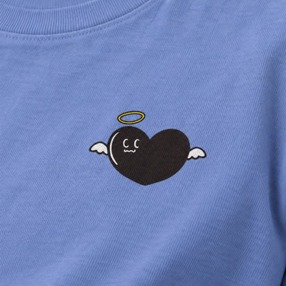 あのよん（天使ハート）袖リブ長袖Tシャツ ダスティブルー プリント接写