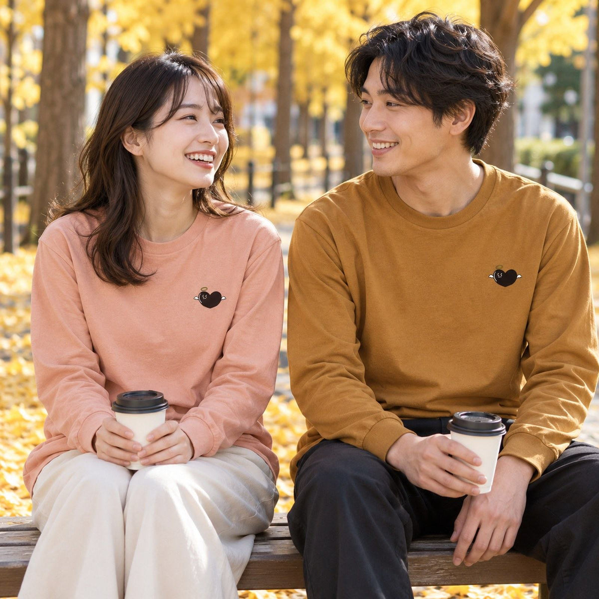 あのよん（天使ハート）袖リブ長袖Tシャツ ペア（女性ダスティピンク＋男性キャメル）