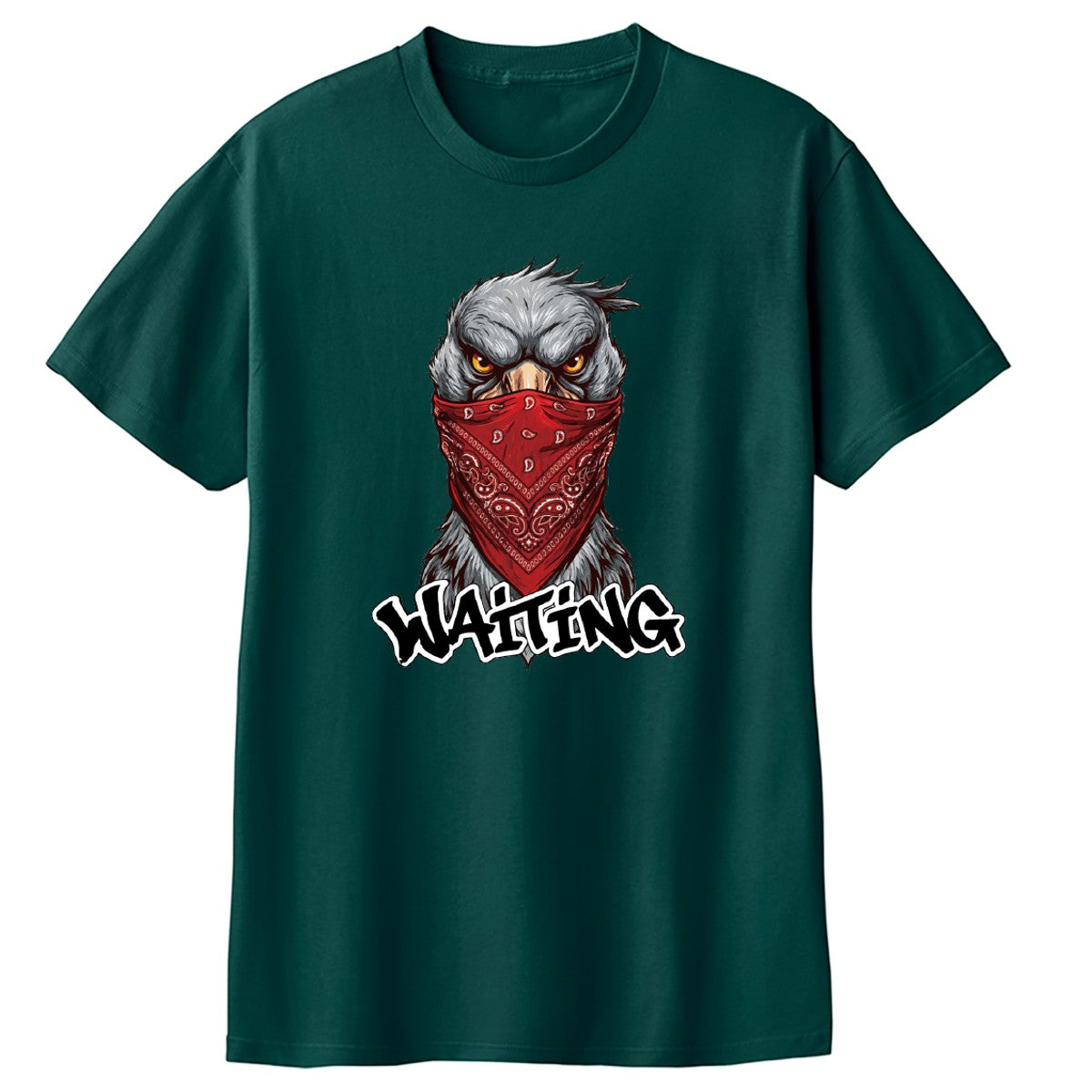 WAITING 赤いバンダナのハシビロコウ キッズTシャツ ティールグリーン