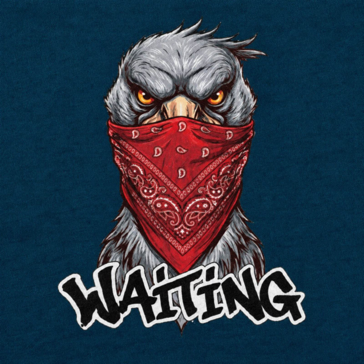 WAITING（赤いバンダナのハシビロコウ） キッズTシャツ インディゴ プリント接写・天竺生地の質感