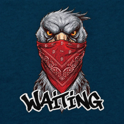 WAITING（赤いバンダナのハシビロコウ） キッズTシャツ インディゴ プリント接写・天竺生地の質感