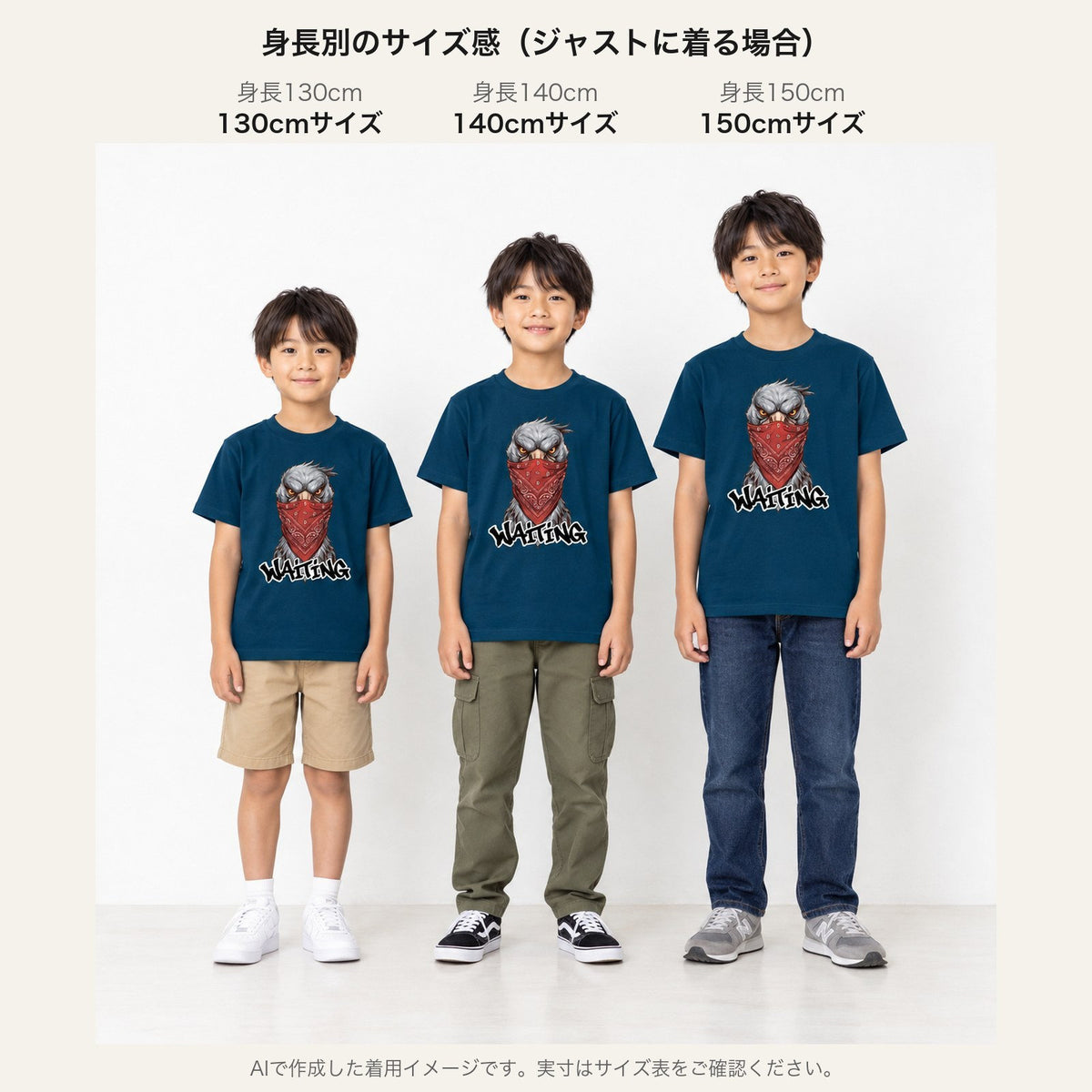 WAITING（赤いバンダナのハシビロコウ） キッズTシャツ 身長別サイズ感（130cm/140cm/150cm）
