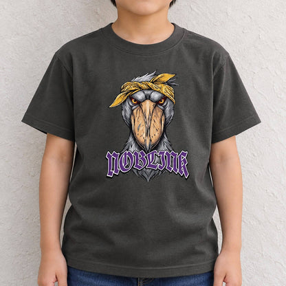 NOBLINK（黄色バンダナのハシビロコウ） キッズTシャツ チャコール 着用アップ サムネイル