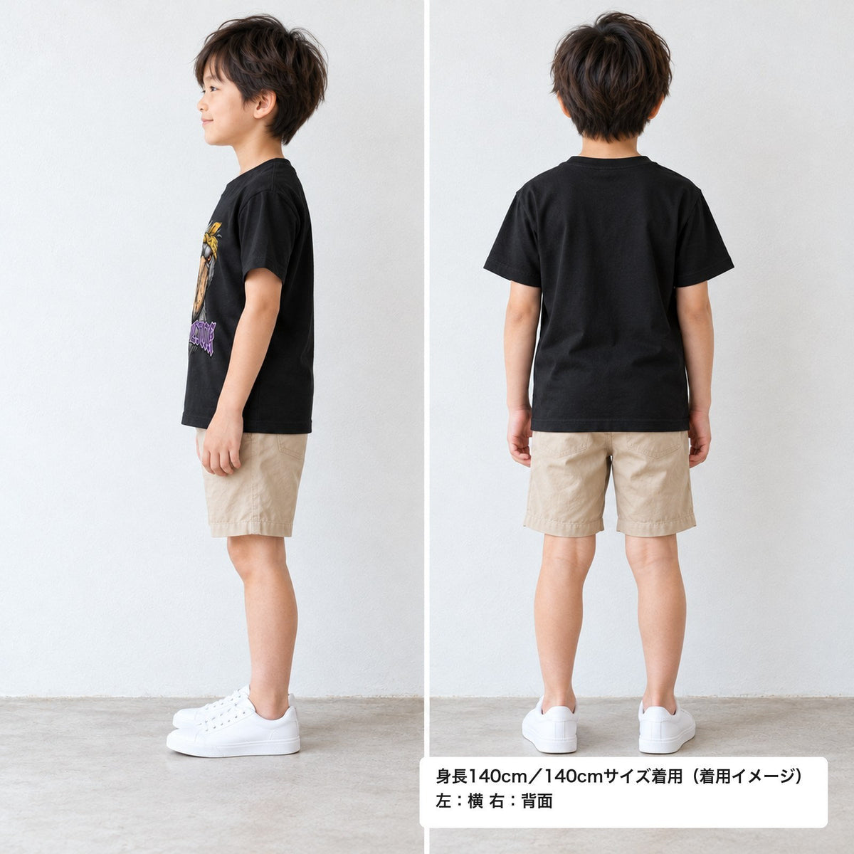 NOBLINK（黄色バンダナのハシビロコウ） キッズTシャツ ブラック 着用 横・背面（背中は無地）