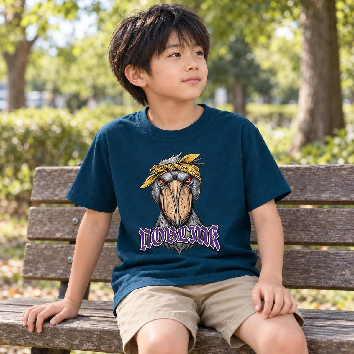 NOBLINK（黄色バンダナのハシビロコウ） キッズTシャツ インディゴ 子どもの日常（公園で休憩）
