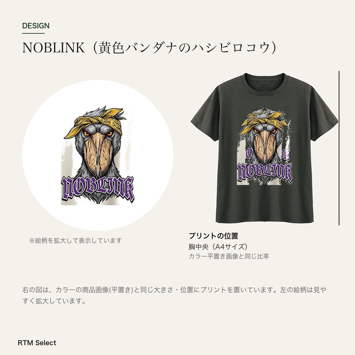 NOBLINK（黄色バンダナのハシビロコウ） キッズTシャツ デザインとプリント位置図