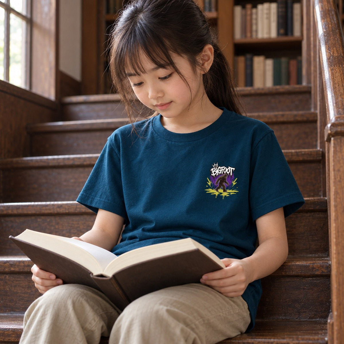 BIGFOOT キッズTシャツ インディゴ 子どもの日常（古い図書館で読書）