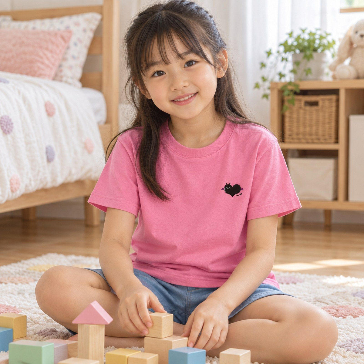 でももん キッズTシャツ ピンク 子どもの日常（子ども部屋でブロック遊び）