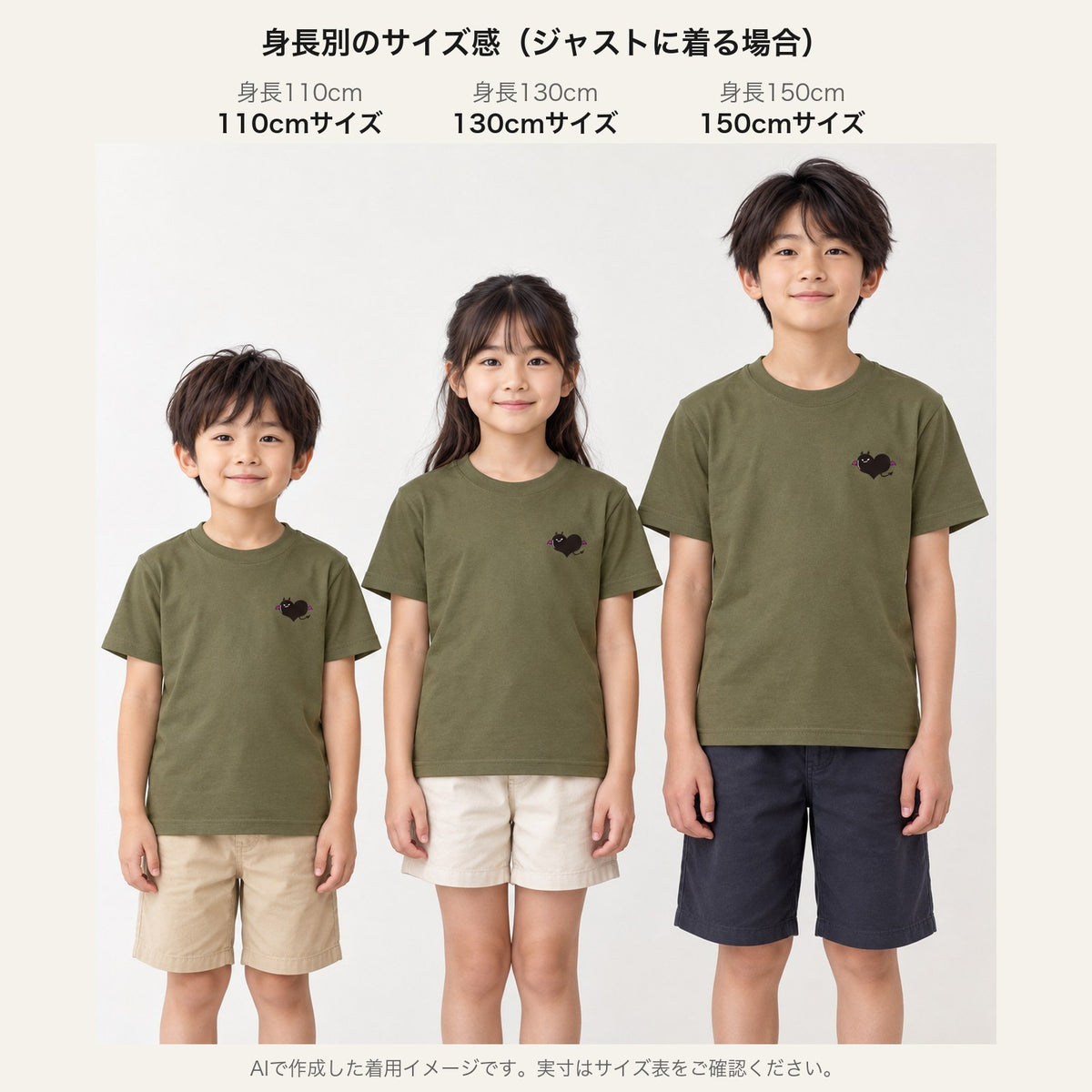 悪魔ハート「でももん」キッズTシャツ 身長別サイズ感（110cm/130cm/150cm）