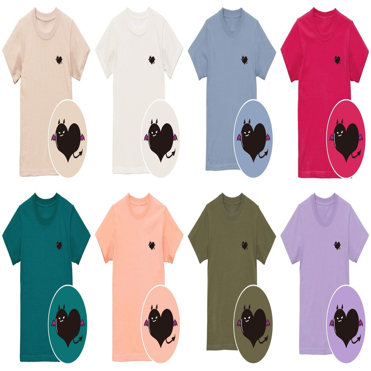 悪魔ハート「でももん」キッズTシャツ 全8色カラーバリエーション平置き