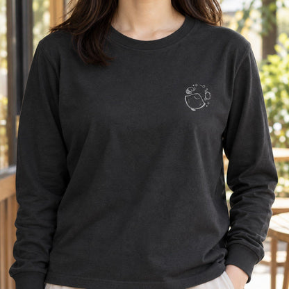 えいみょん ユニセックス袖リブ長袖Tシャツ スモークブラック 着用アップ サムネイル