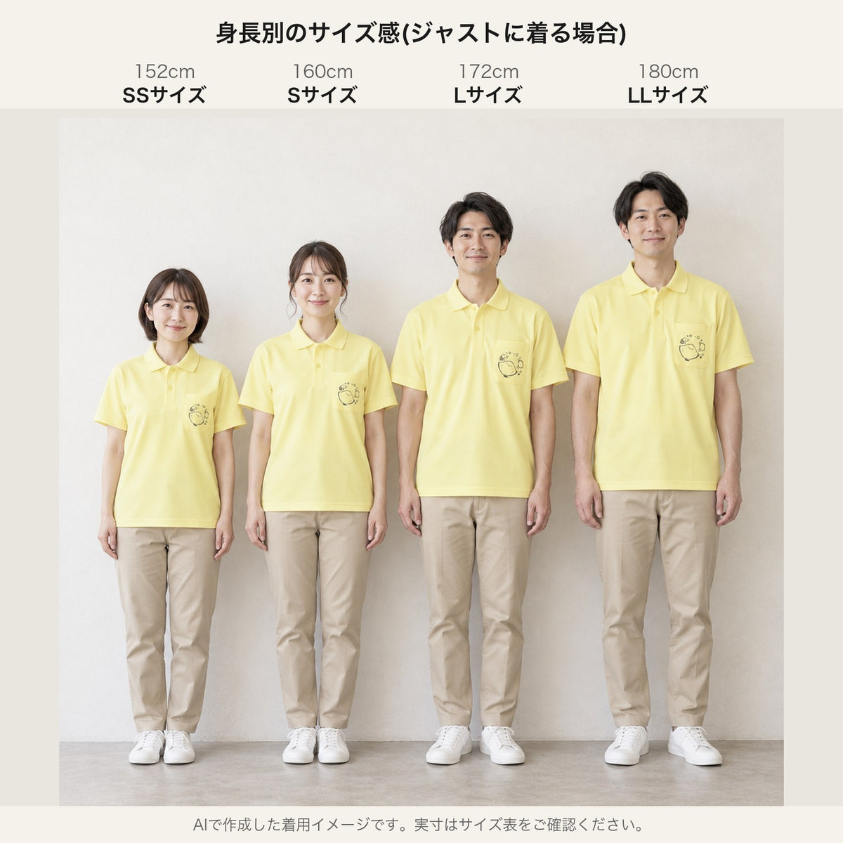 えいみょん ドライポロシャツ 身長別サイズ感（152cm SS／160cm S／172cm L／180cm LL）