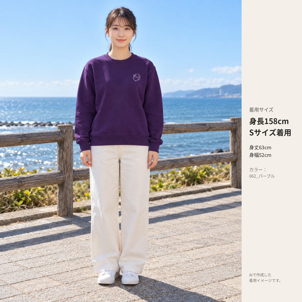 えいみょん トレーナー パープル 着用全身（身長158cm・Sサイズ着用）