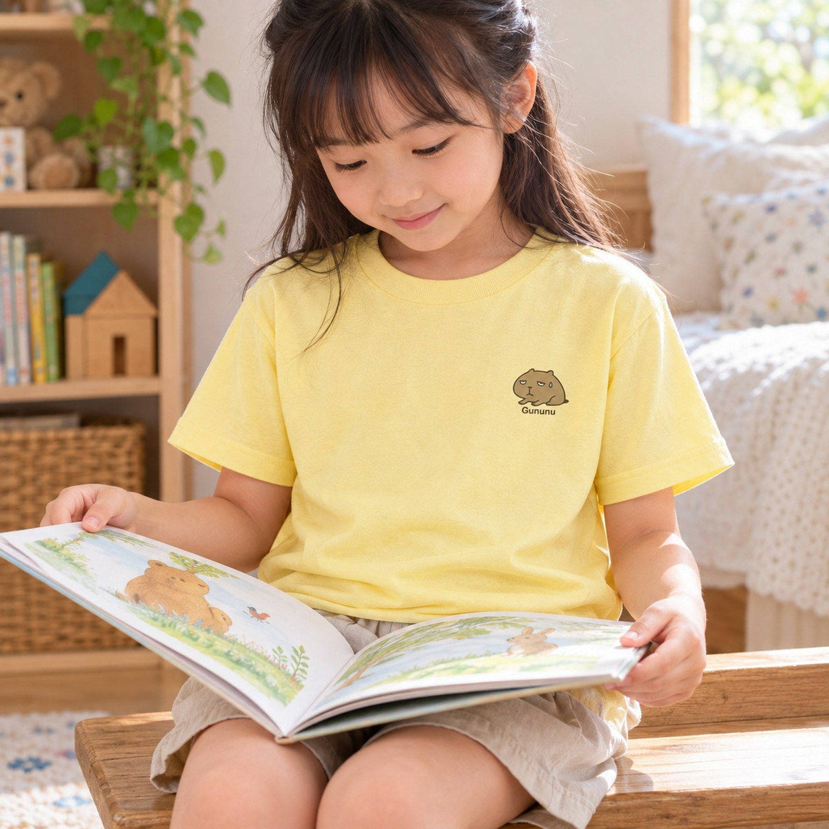カピバラ「Gununu」 キッズTシャツ ライトイエロー 子どもの日常（子ども部屋で読書）