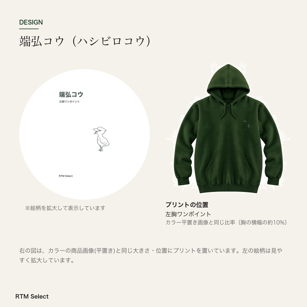 端弘コウ 大人用パーカー デザインとプリント位置図