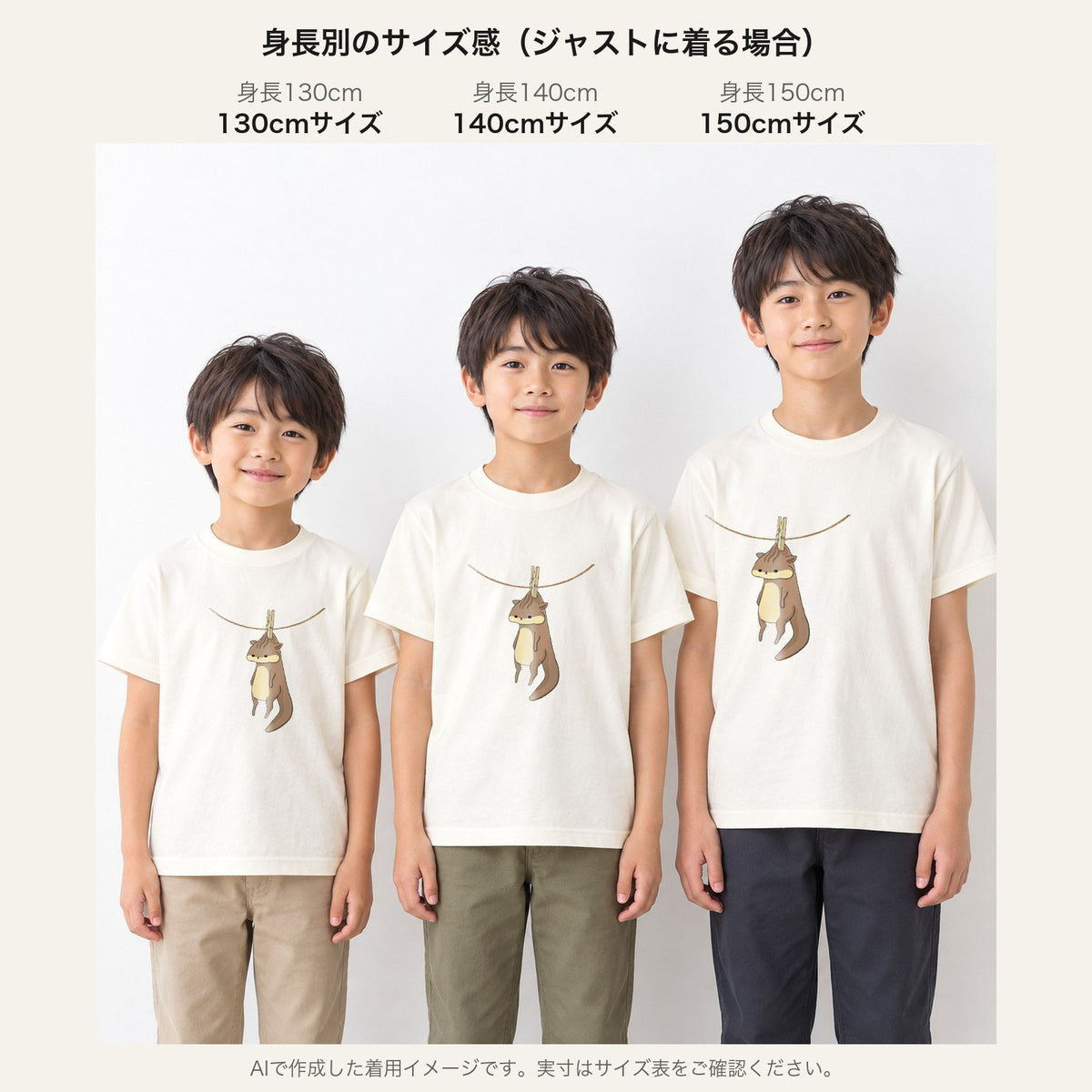干されちゃったリス キッズTシャツ 身長別サイズ感（130cm/140cm/150cm）