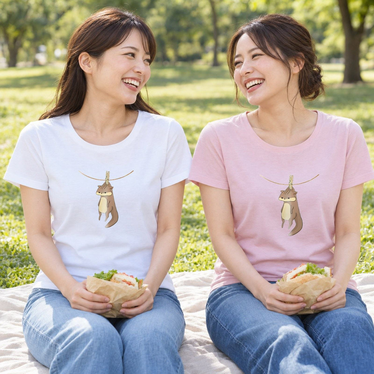 干されちゃったリス レディースTシャツ 友人2人のペア
