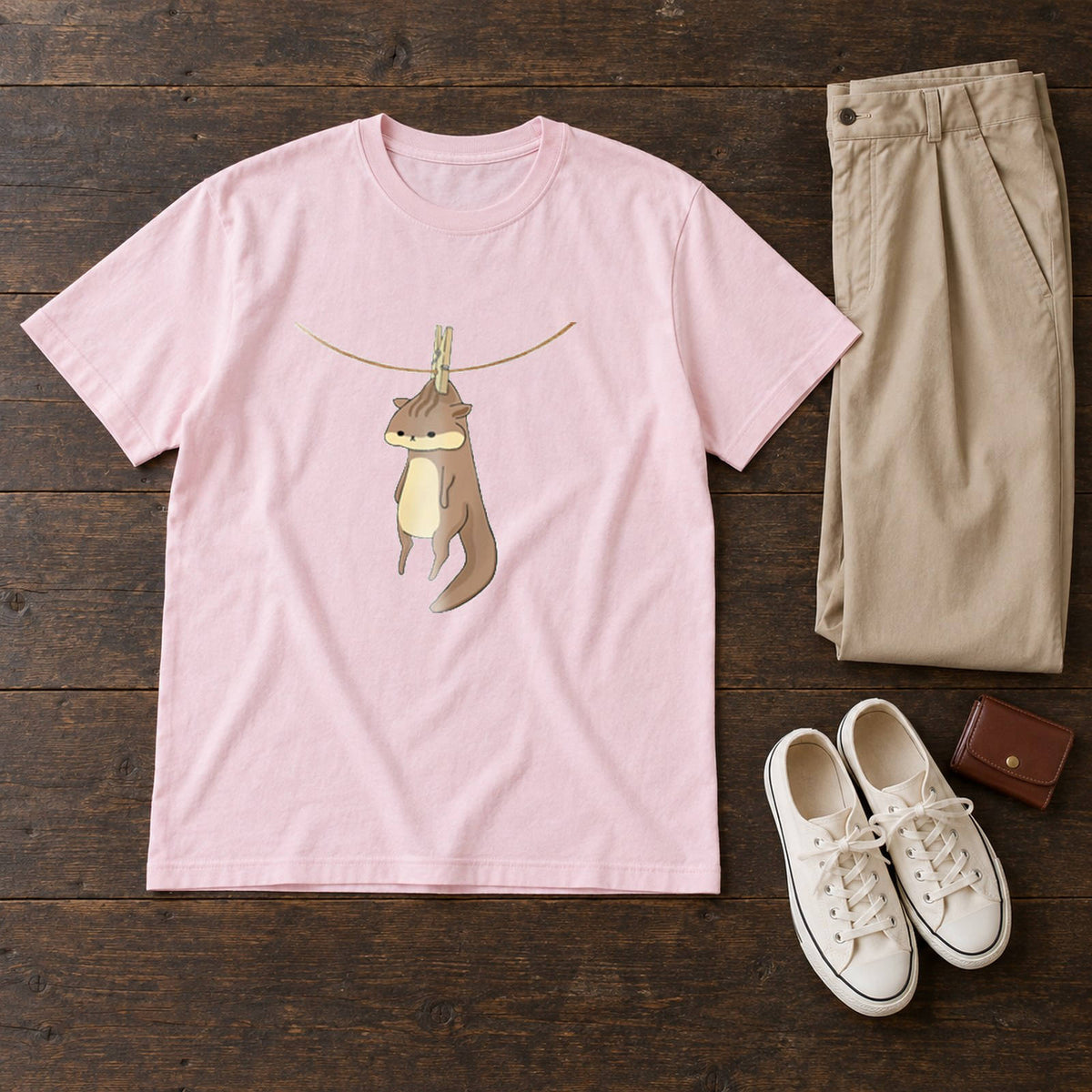 リス Tシャツ「干されちゃった」｜洗濯バサミで、ちょこん。