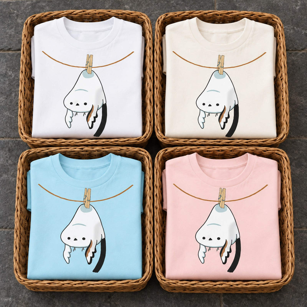 シマエナガ Tシャツ「干されちゃった」｜洗濯バサミで、ぷら〜ん。