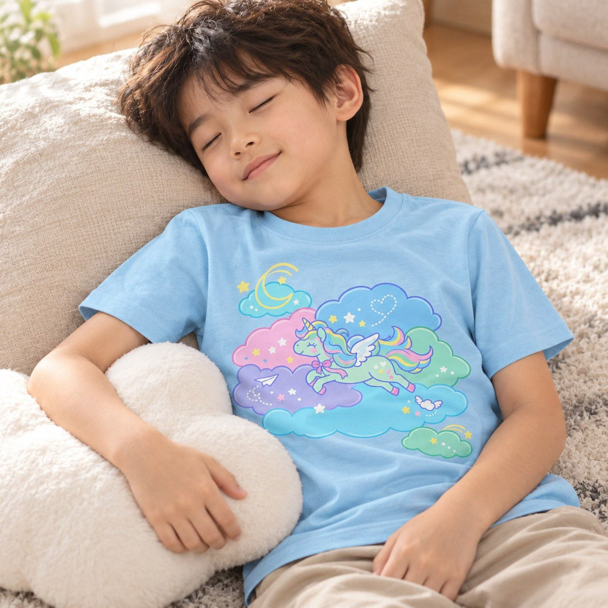 in_my_dream キッズTシャツ ライトブルー 子どもの日常（雲のクッションでうたた寝）