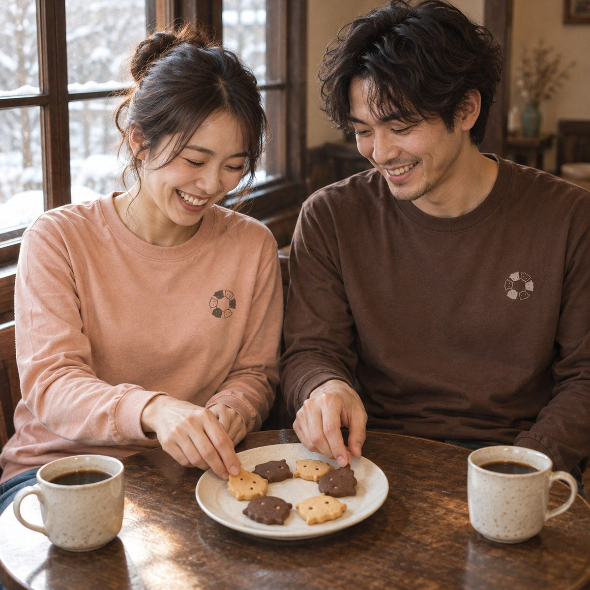 めんべーだー（メンダコ）袖リブ長袖Tシャツ ペア（女性ダスティピンク＋男性ダークブラウン）