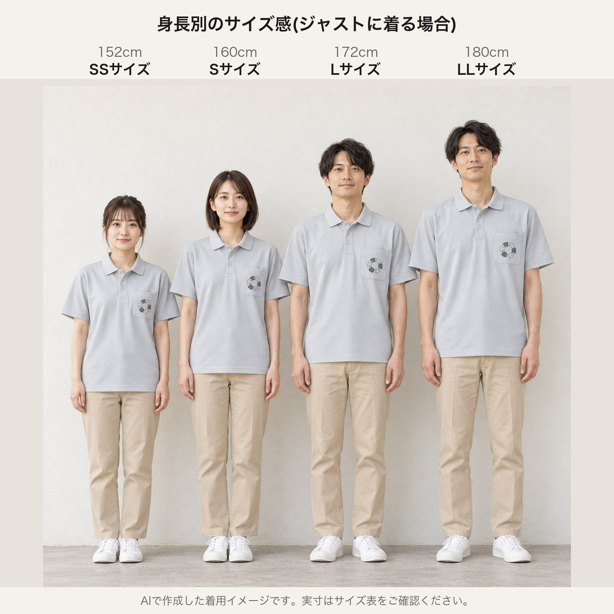 めんべーだー ドライポロシャツ 身長別サイズ感（152cm SS／160cm S／172cm L／180cm LL）