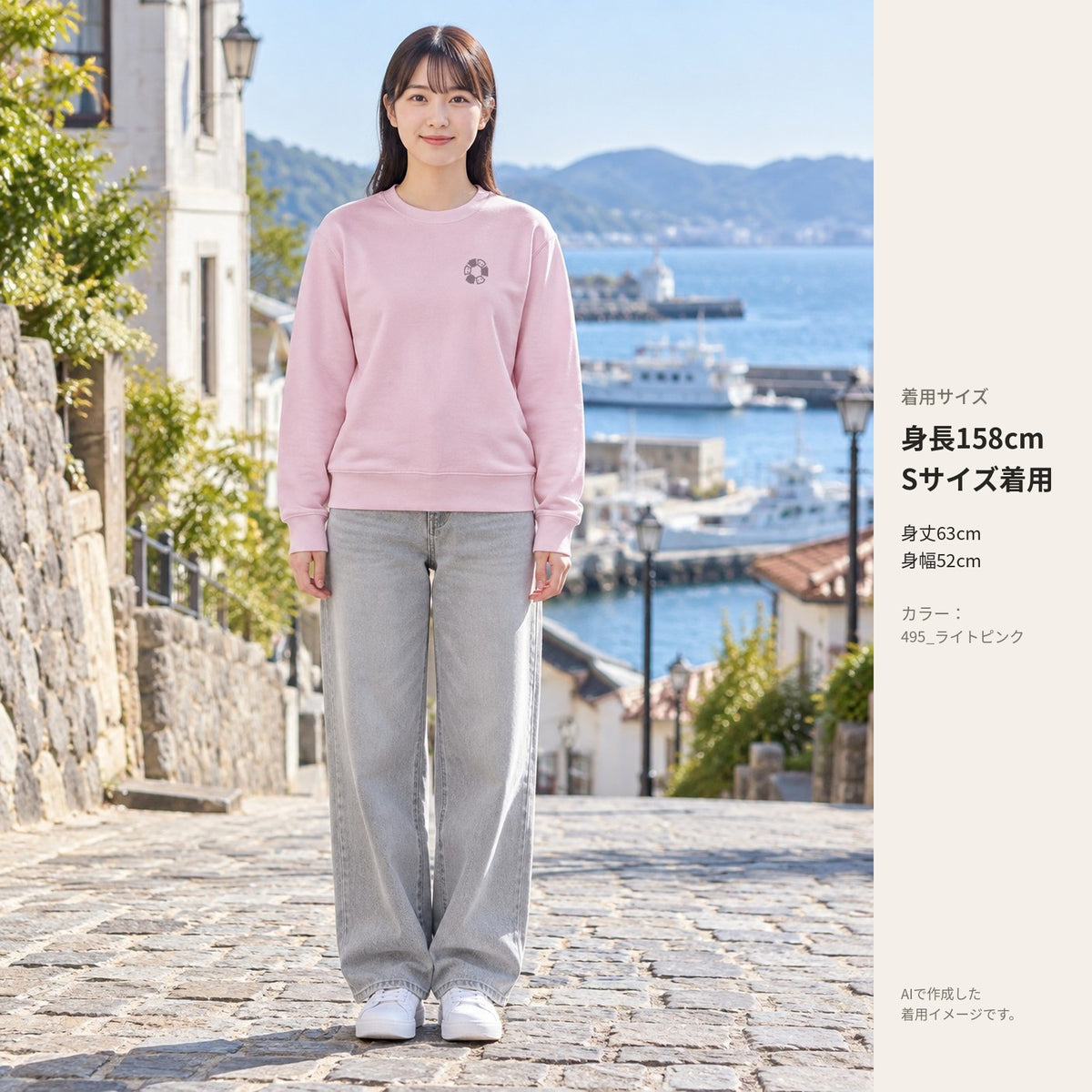めんべーだー トレーナー ライトピンク 着用全身（身長158cm・Sサイズ着用）