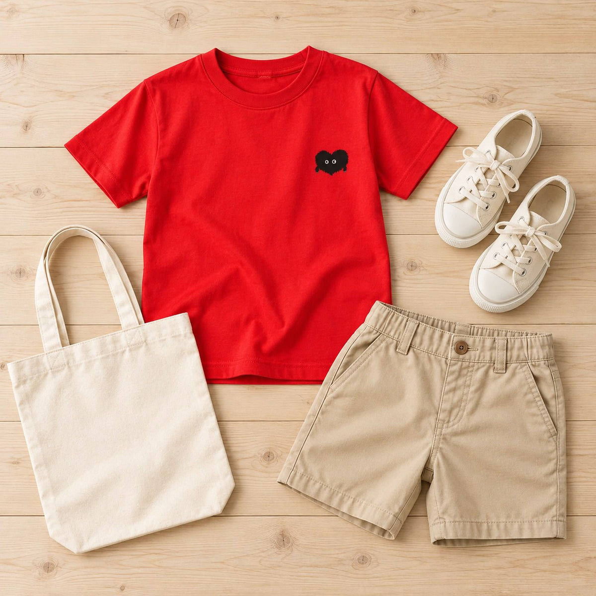モフボウ キッズTシャツ レッド 平置きコーディネート