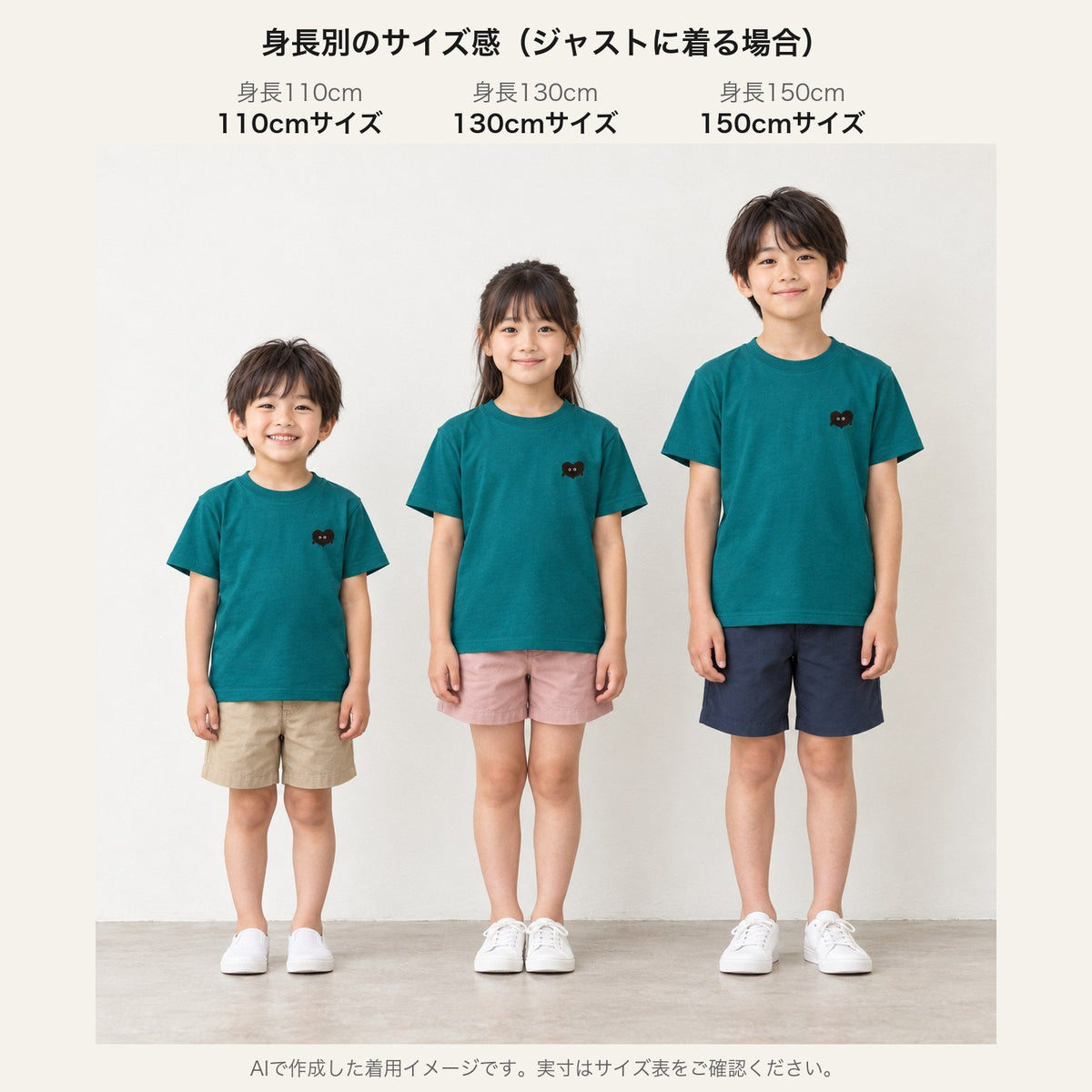 モフボウ キッズTシャツ 身長別サイズ感（110cm/130cm/150cm）