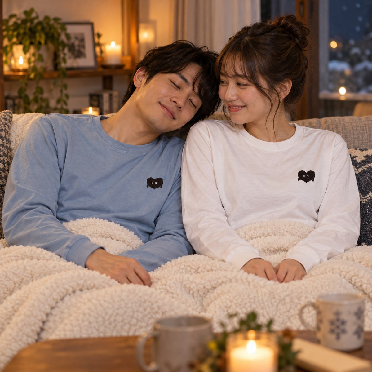 ふわふわハート「モフボウ」ロングTシャツ ソファでブランケットにくるまる2人（ホワイトとアシッドブルー）