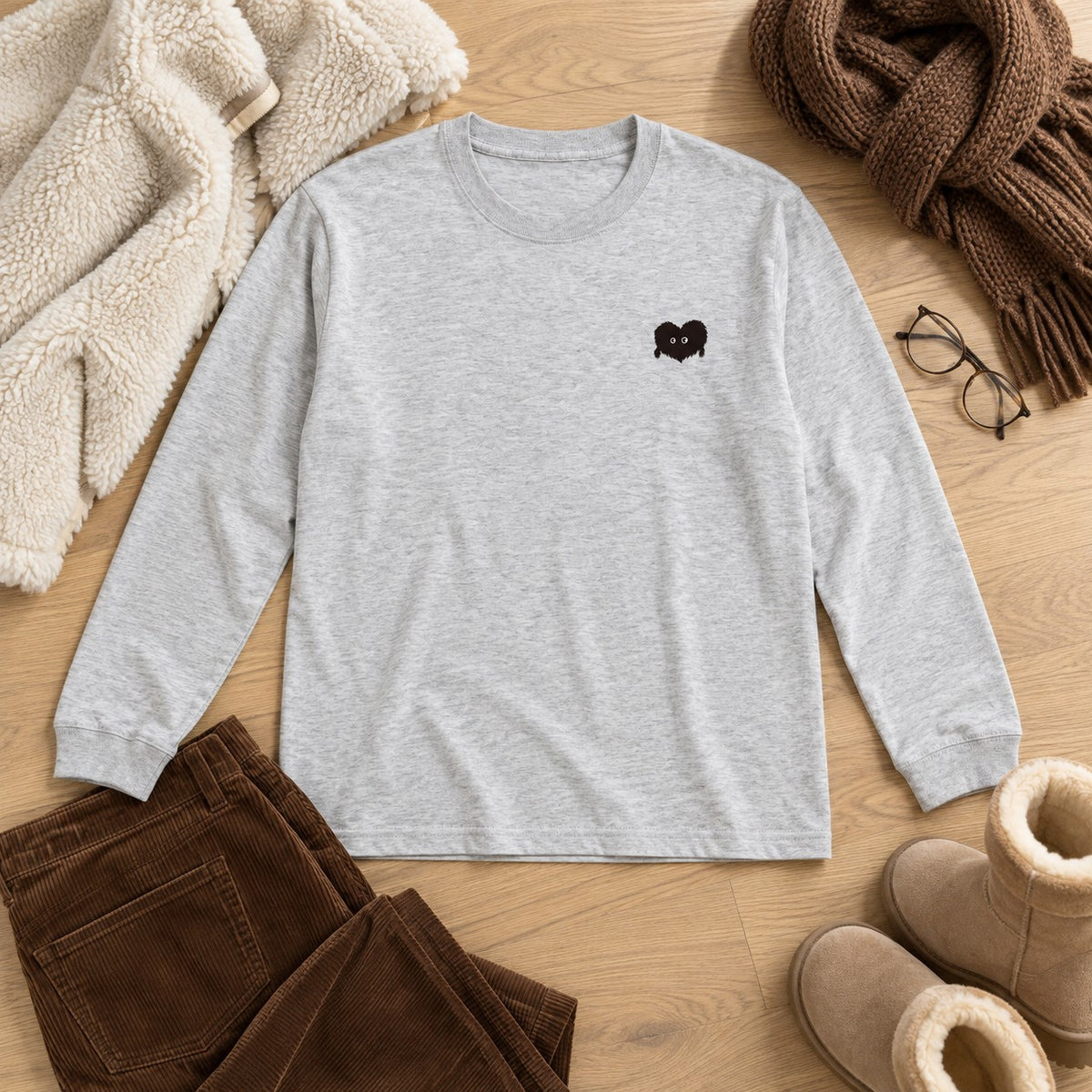 ふわふわハート「モフボウ」ロングTシャツ アッシュのもこもこコーデ例