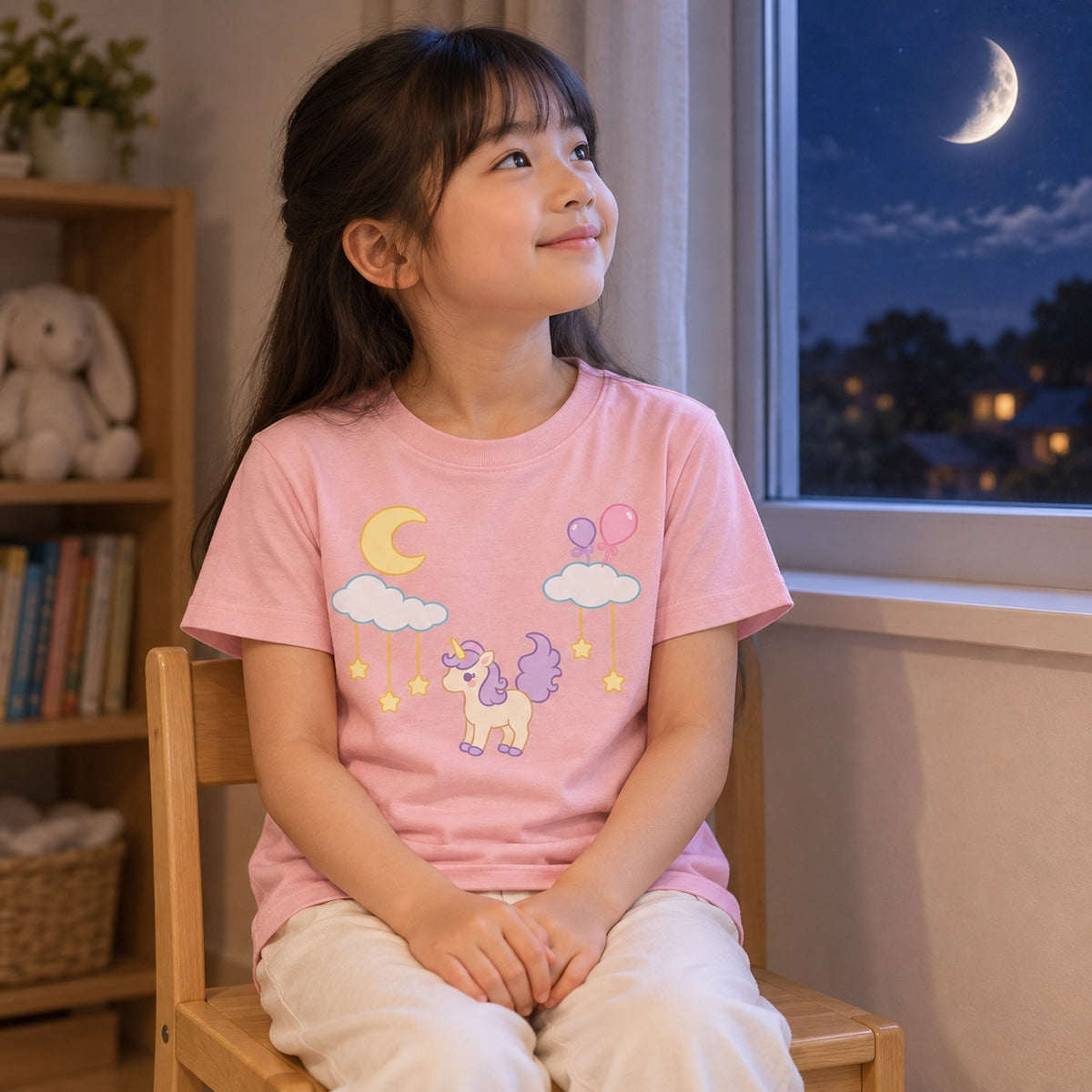 moon_light キッズTシャツ ライトピンク 子どもの日常（窓辺で夜空を見上げる）