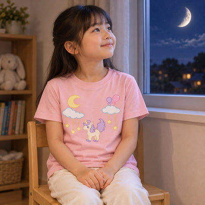 moon_light キッズTシャツ ライトピンク 子どもの日常（窓辺で夜空を見上げる）