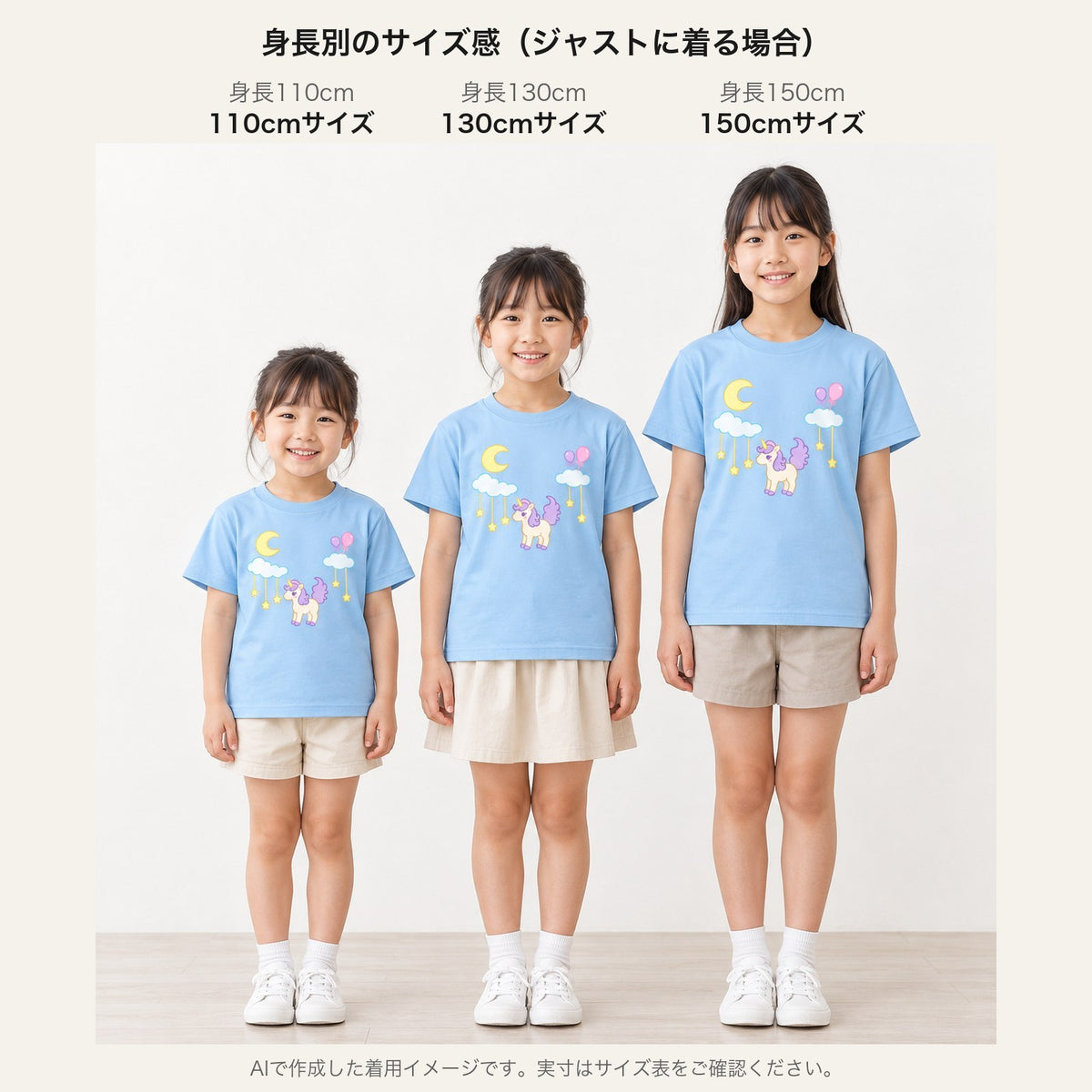 moon_light キッズTシャツ 身長別サイズ感（110cm/130cm/150cm）