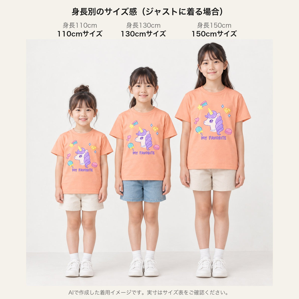 my favorite キッズTシャツ 身長別サイズ感（110cm/130cm/150cm）