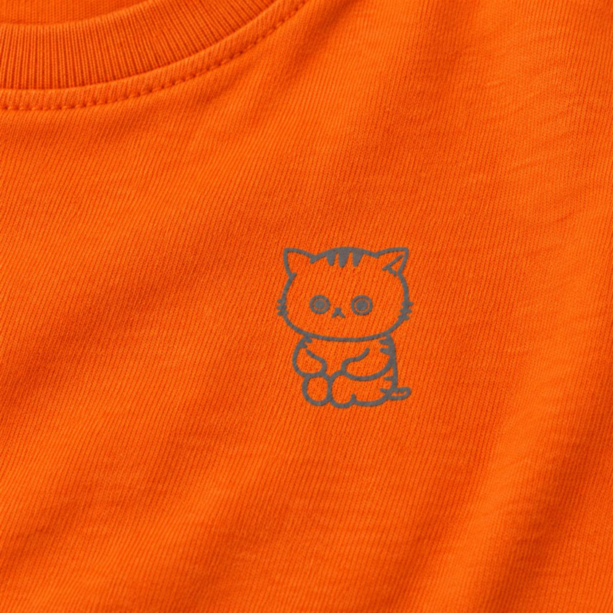 ねっこ（ネコ）キッズ長袖Tシャツ オレンジ プリント接写・上質天竺の質感