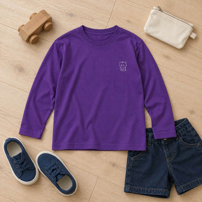 ねっこ（ネコ）キッズ長袖Tシャツ パープル 平置きコーディネート
