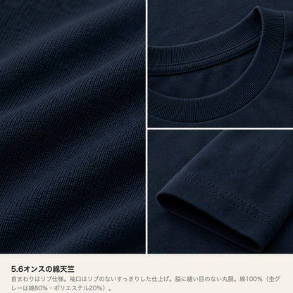 ねっこ（ネコ）キッズ長袖Tシャツ 素材・ディテール（5.6オンス綿100%丸胴・首リブ・袖口折り返しステッチ）
