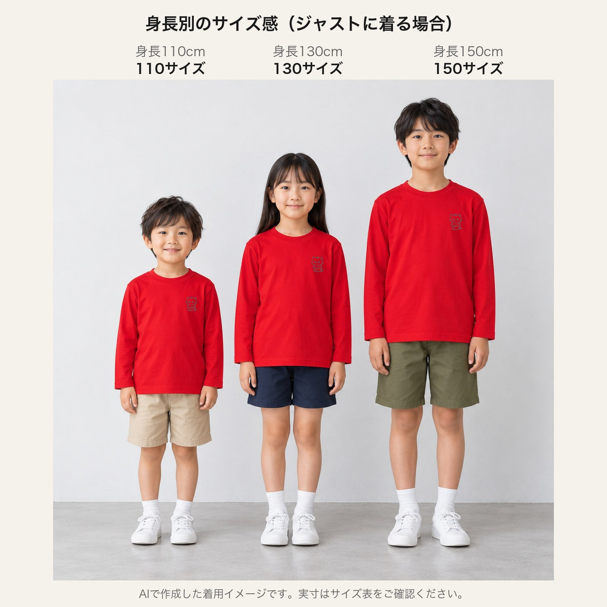 ねっこ（ネコ）キッズ長袖Tシャツ 身長別サイズ感（110/130/150cm）