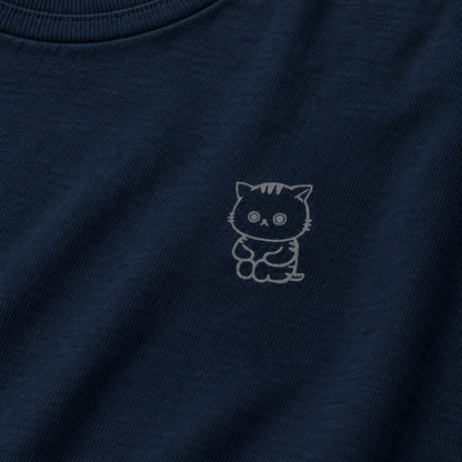 ねっこ（ネコ）長袖Tシャツ ネイビー プリント接写・上質天竺の質感