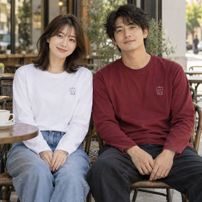 ねっこ（ネコ）長袖Tシャツ ペア（女性ホワイト＋男性バーガンディ）