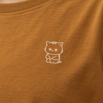 ねっこ ユニセックス袖リブ長袖Tシャツ キャメル プリント接写・上質天竺の質感