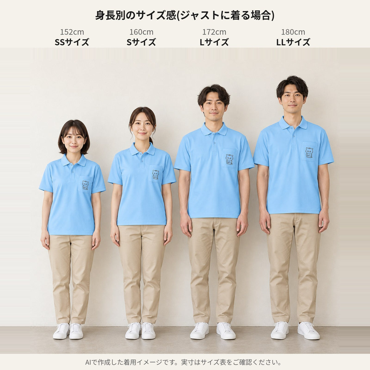 ねっこ ドライポロシャツ 身長別サイズ感（152cm SS／160cm S／172cm L／180cm LL）