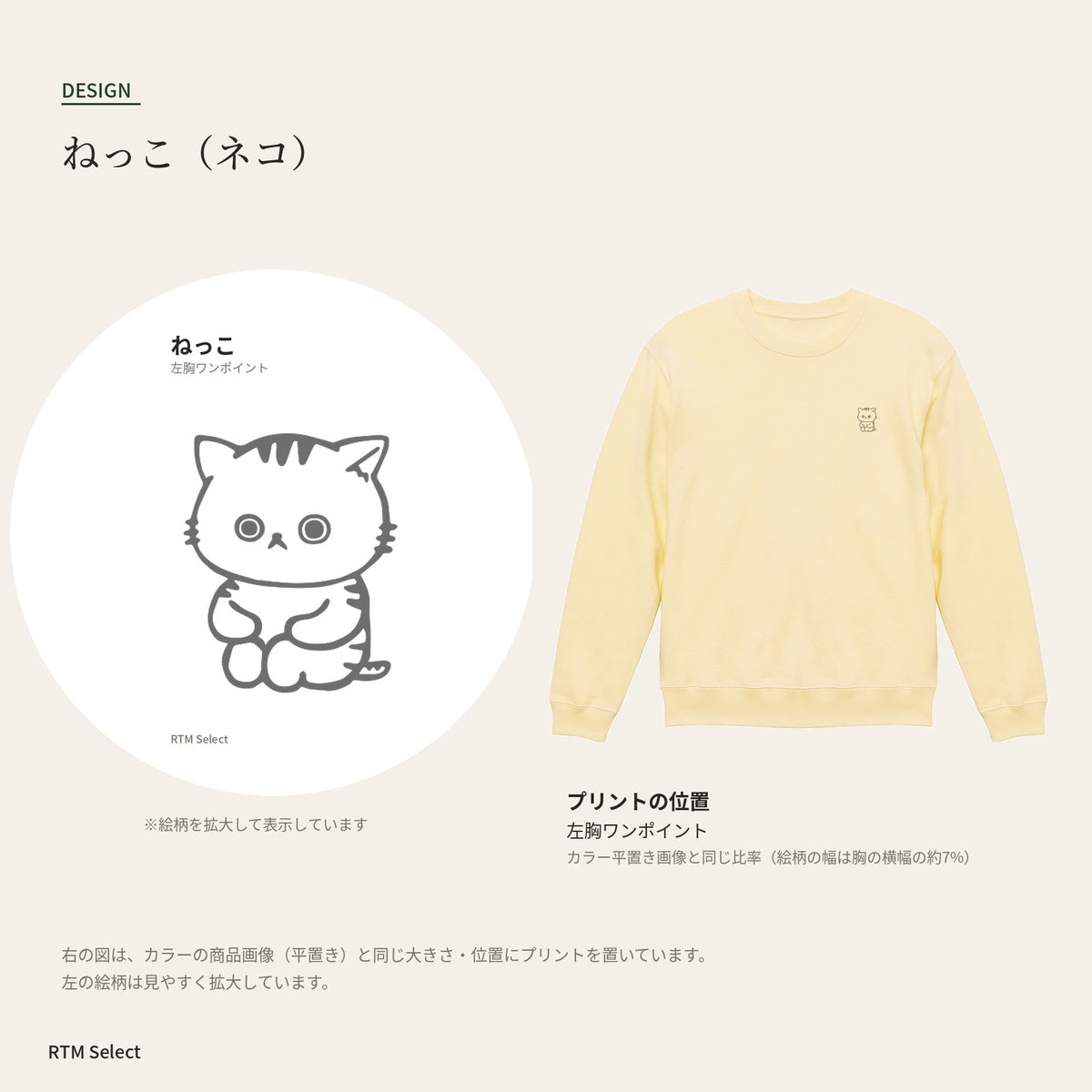 ねっこ トレーナー デザインとプリント位置図
