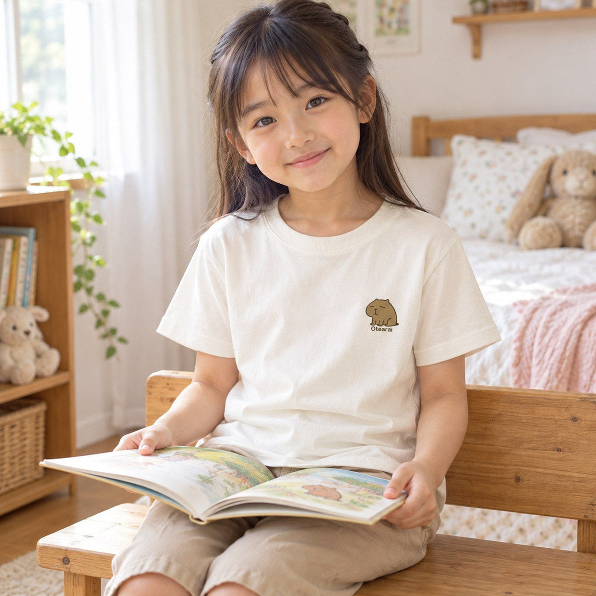 カピバラ「Otearai」 キッズTシャツ アイボリー 子どもの日常（子ども部屋で読書）